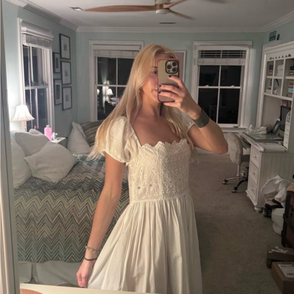 Posse White Eyelet Puff-Sleeve Midi Dress